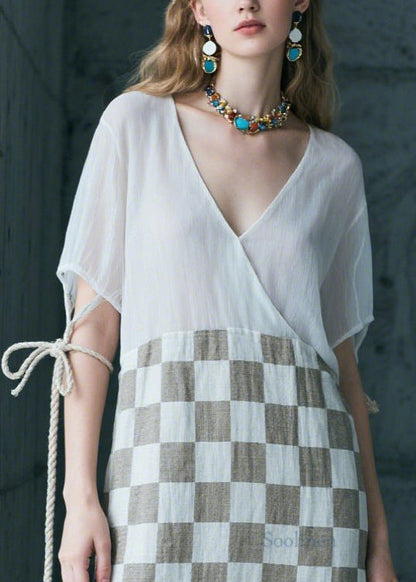 Art White Patchwork Plaid Chiffon Long Dress Summer