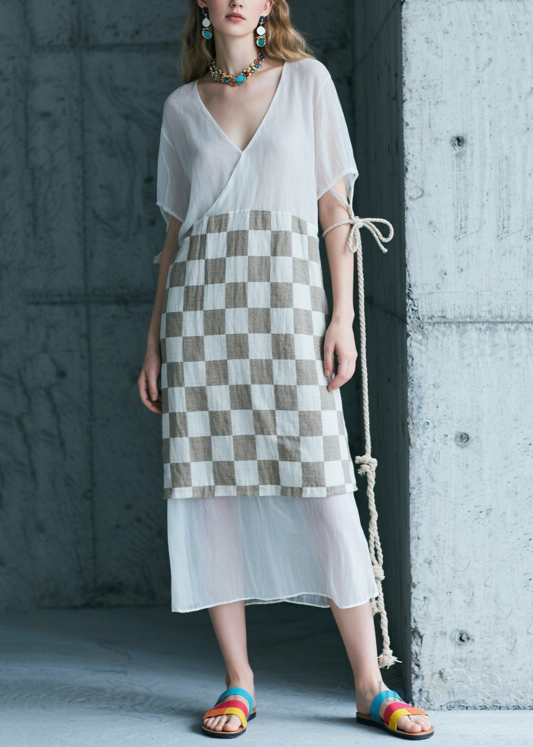 Art White Patchwork Plaid Chiffon Long Dress Summer