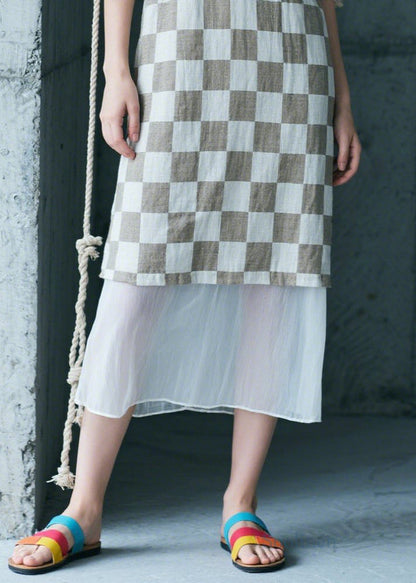 Art White Patchwork Plaid Chiffon Long Dress Summer