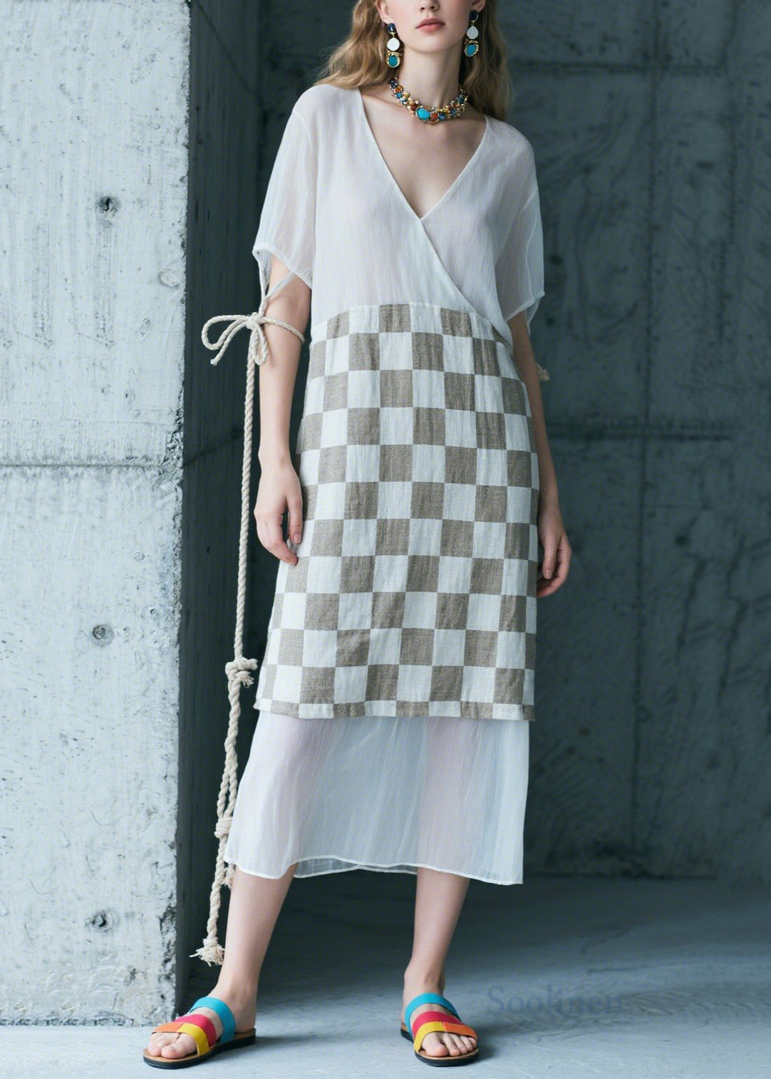 Art White Patchwork Plaid Chiffon Long Dress Summer