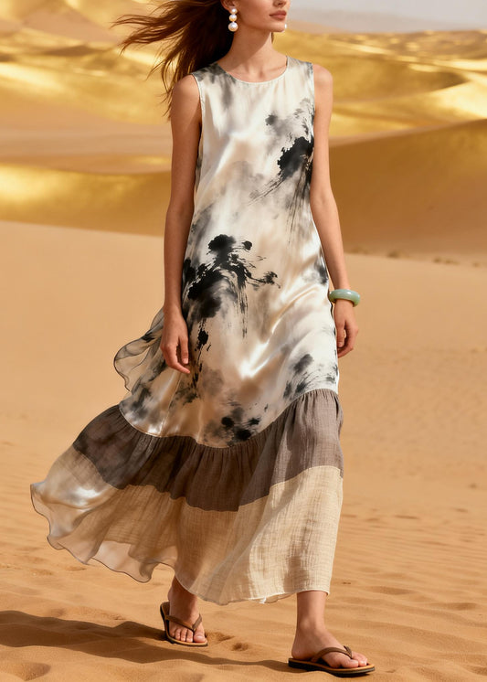 Art White Print Patchwork Silk A Line Dresses Summer