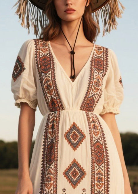 Art White Puff Sleeve Print Chiffon Long Dresses