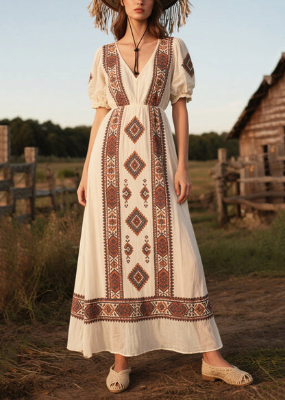 Art White Puff Sleeve Print Chiffon Long Dresses