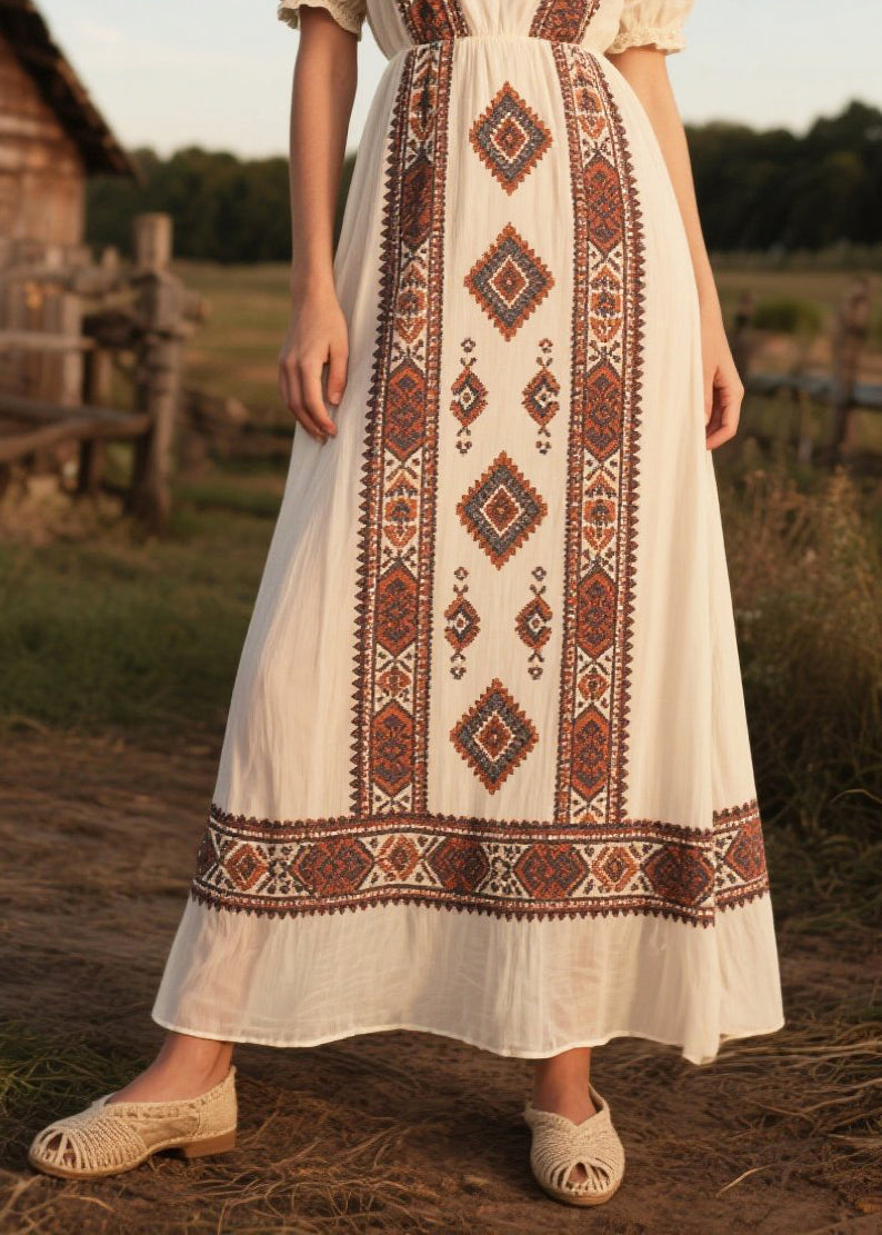 Art White Puff Sleeve Print Chiffon Long Dresses