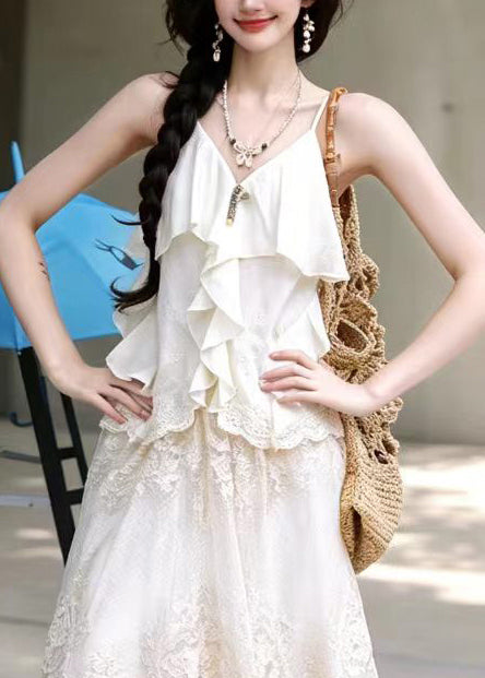 Art White Ruffled Cut Out Tank Tops Sleeveless