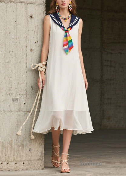 Art White Sailor Collar Patchwork Chiffon Dresses Sleeveless