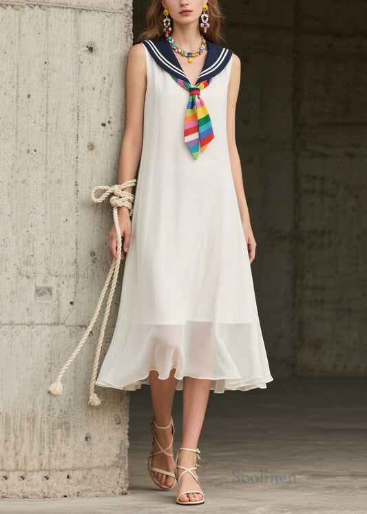 Art White Sailor Collar Patchwork Chiffon Dresses Sleeveless