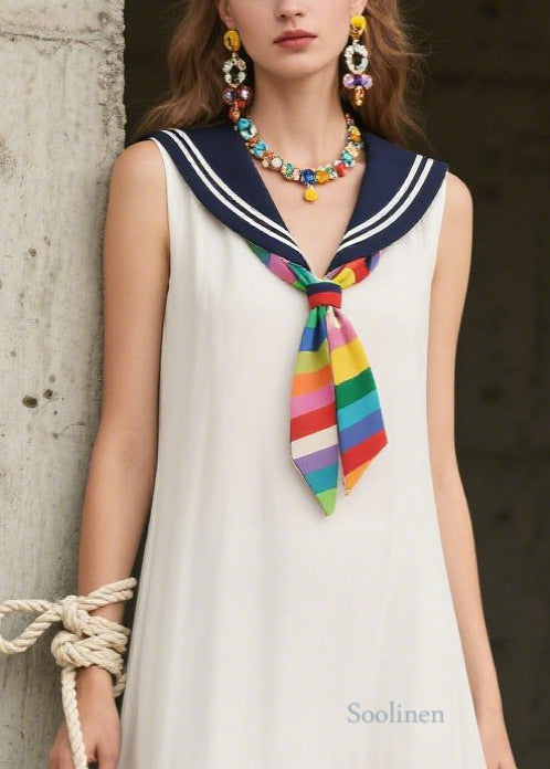 Art White Sailor Collar Patchwork Chiffon Dresses Sleeveless