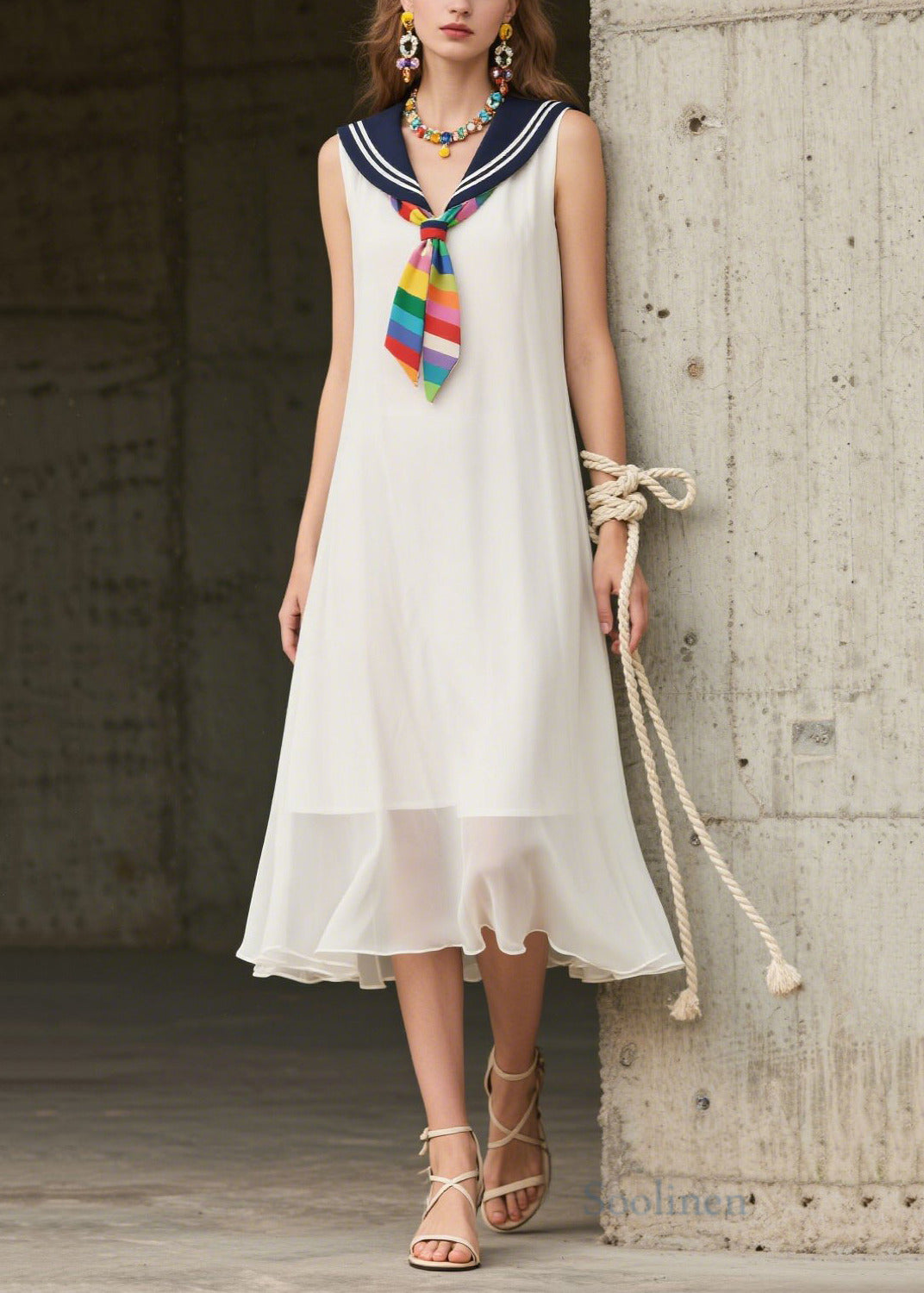 Art White Sailor Collar Patchwork Chiffon Dresses Sleeveless