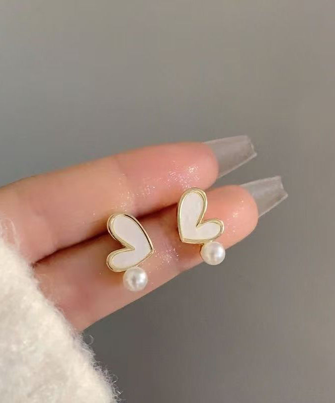 Art White Sterling Silver Overgild Zircon Pearl Love Stud Earrings