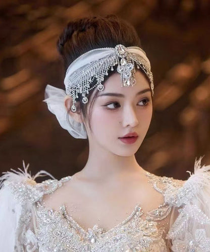 Art White Tulle Patchwor Crystal Zircon Tassel HairPiece