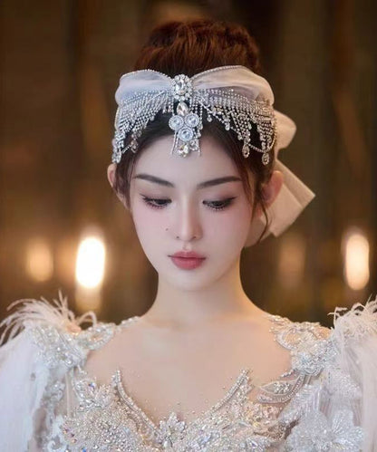 Art White Tulle Patchwor Crystal Zircon Tassel HairPiece