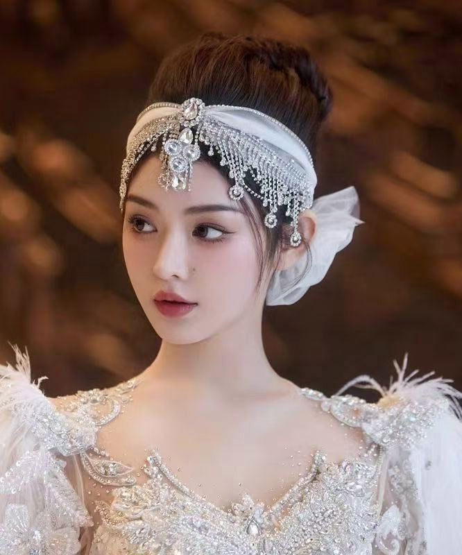 Art White Tulle Patchwor Crystal Zircon Tassel HairPiece
