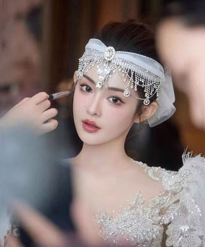 Art White Tulle Patchwor Crystal Zircon Tassel HairPiece