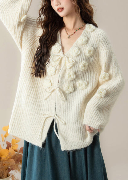Art White V Neck Floral Cozy Knit Cardigans Spring