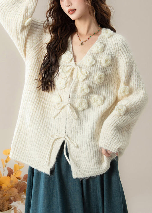 Art White V Neck Floral Cozy Knit Cardigans Spring