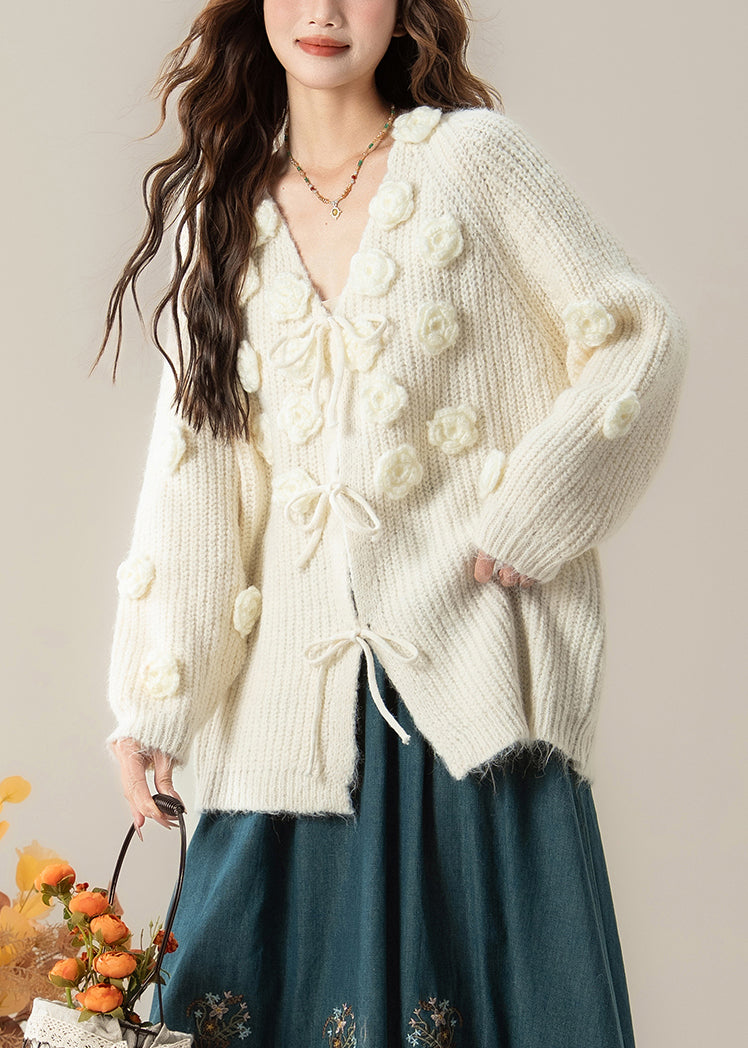 Art White V Neck Floral Cozy Knit Cardigans Spring