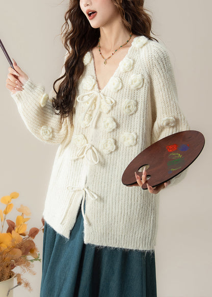 Art White V Neck Floral Cozy Knit Cardigans Spring