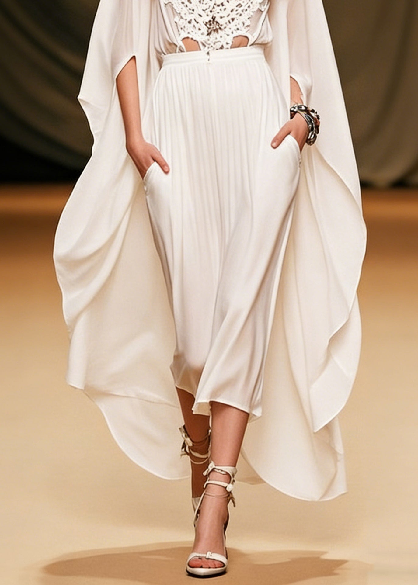 Art White V Neck Hollow Out Pockets Solid Chiffon Two Piece Set Batwing Sleeve