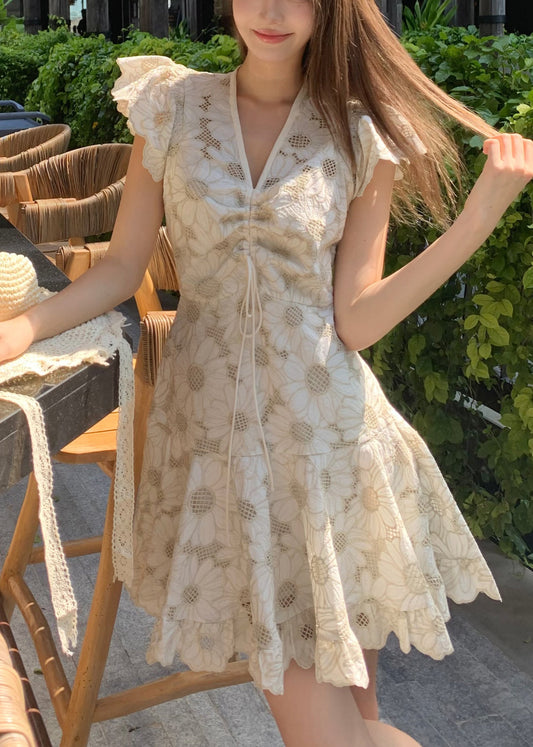 Art White V Neck Lace Up Hollow Out Cotton Mini Dresses Summer