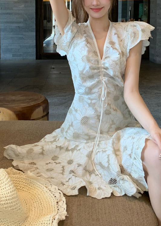 Art White V Neck Lace Up Hollow Out Cotton Mini Dresses Summer