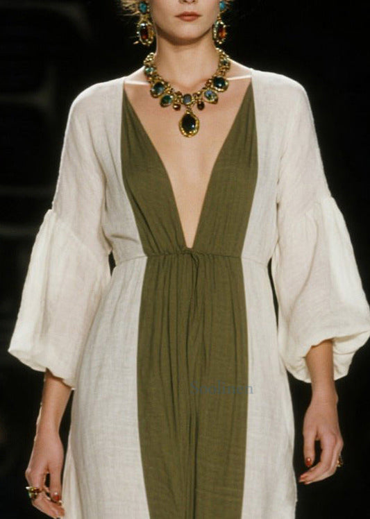 Art White V Neck Patchwork Cotton Ankle Dress Lantern Sleeve