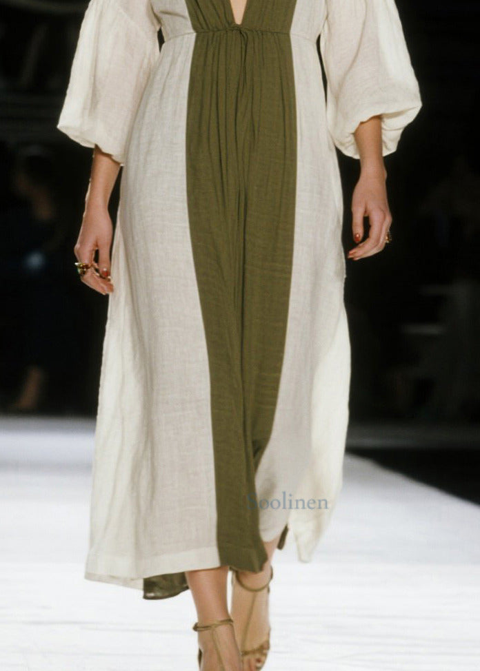 Art White V Neck Patchwork Cotton Ankle Dress Lantern Sleeve