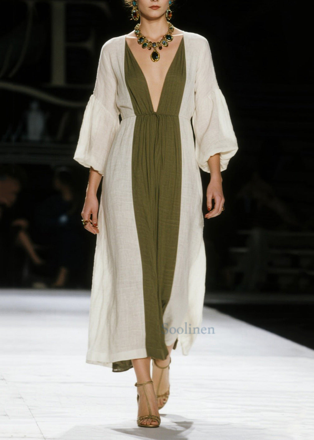 Art White V Neck Patchwork Cotton Ankle Dress Lantern Sleeve