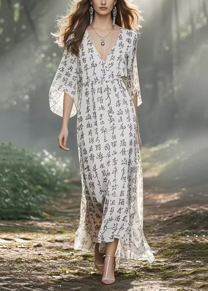 Art White V Neck Print Chiffon Holiday Dresses Summer