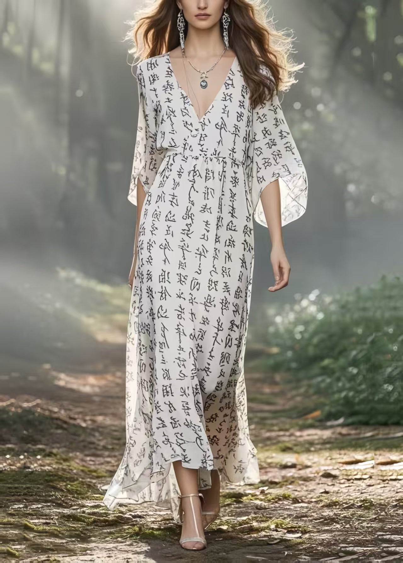 Art White V Neck Print Chiffon Holiday Dresses Summer