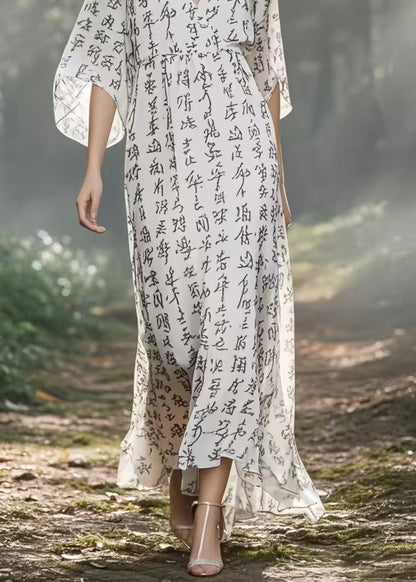 Art White V Neck Print Chiffon Holiday Dresses Summer