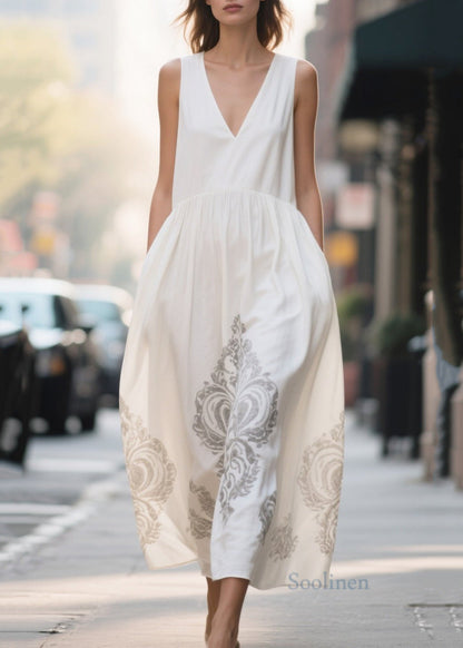 Art White V Neck Print Chiffon Vacation Dresses Summer