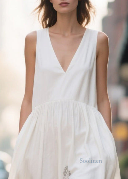 Art White V Neck Print Chiffon Vacation Dresses Summer