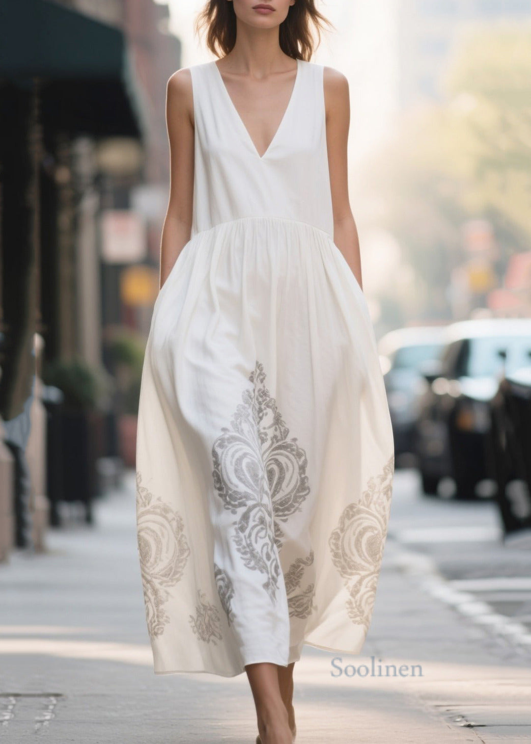 Art White V Neck Print Chiffon Vacation Dresses Summer