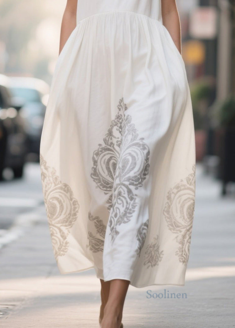 Art White V Neck Print Chiffon Vacation Dresses Summer