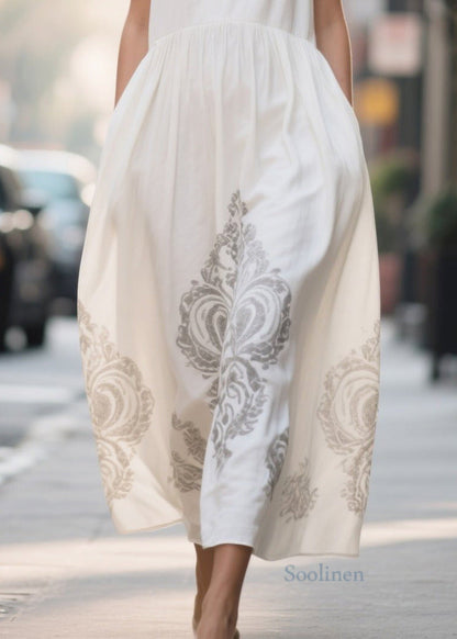 Art White V Neck Print Chiffon Vacation Dresses Summer