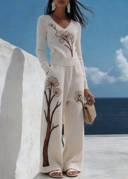Art White V Neck Print Pockets Knit Two Pieces Set Spring