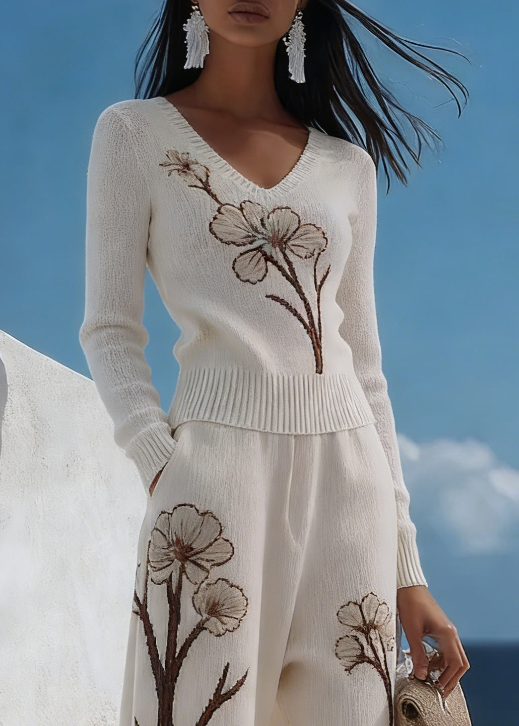 Art White V Neck Print Pockets Knit Two Pieces Set Spring