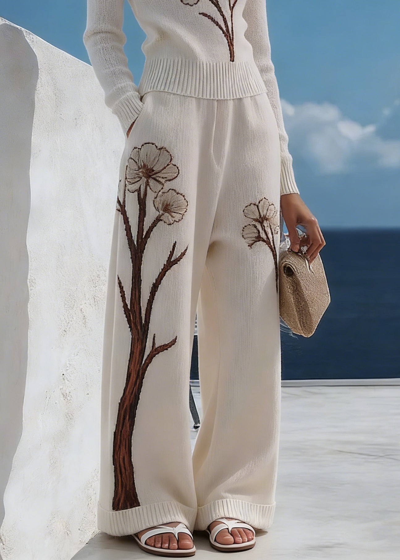 Art White V Neck Print Pockets Knit Two Pieces Set Spring