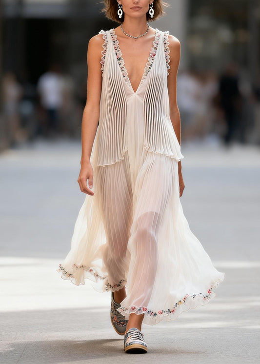 Art White V Neck Ruffled Print Patchwork Chiffon Dresses Sleeveless