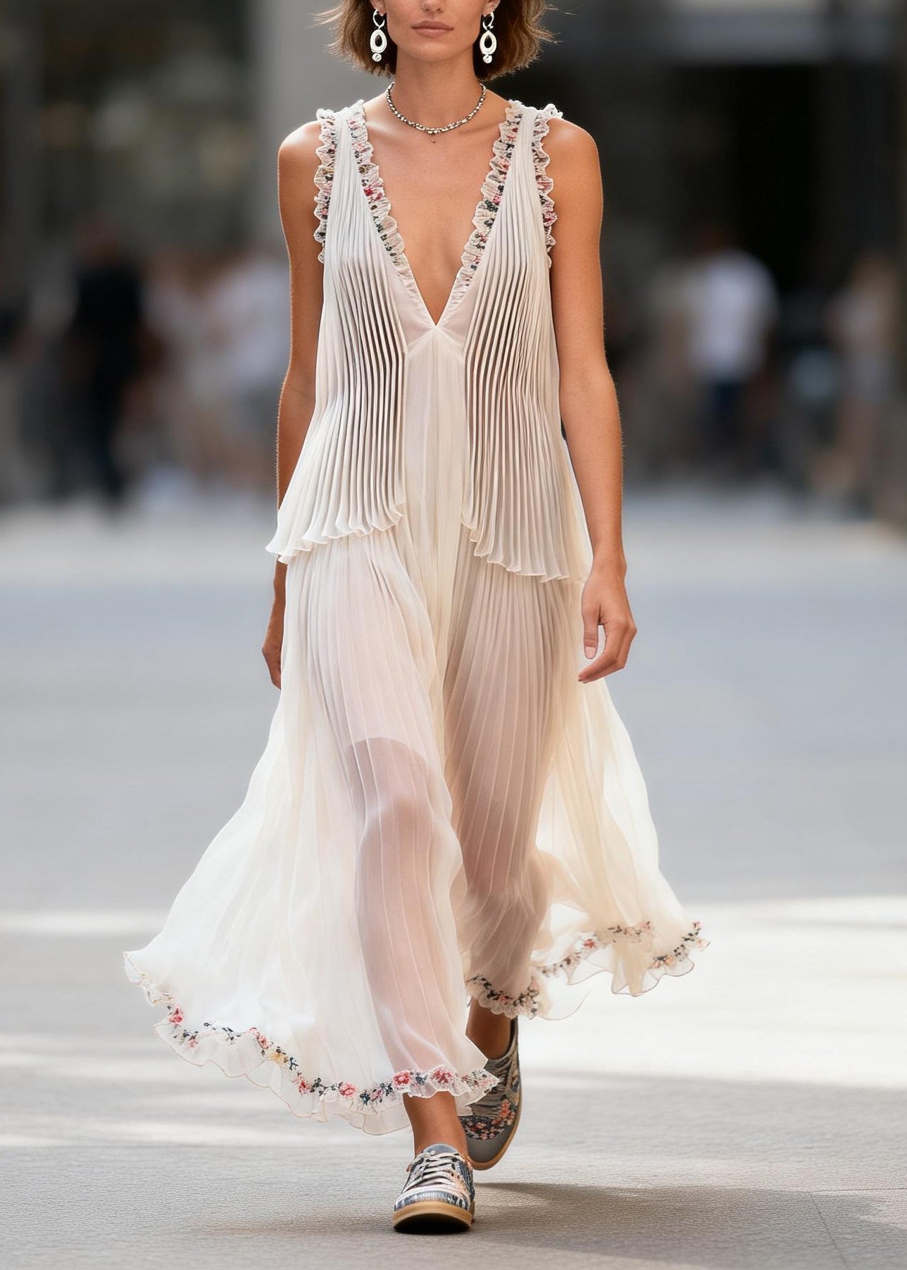 Art White V Neck Ruffled Print Patchwork Chiffon Dresses Sleeveless