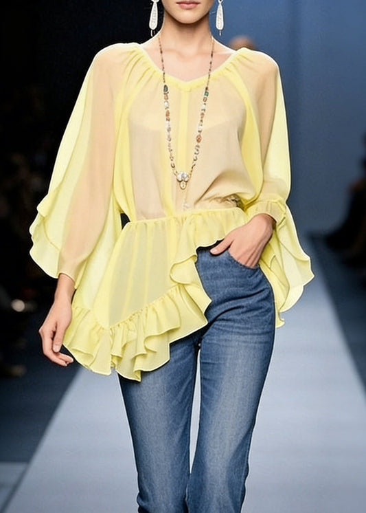 Art Yellow Asymmetrical Ruffled Solid Chiffon Blouses Spring