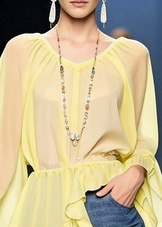 Art Yellow Asymmetrical Ruffled Solid Chiffon Blouses Spring