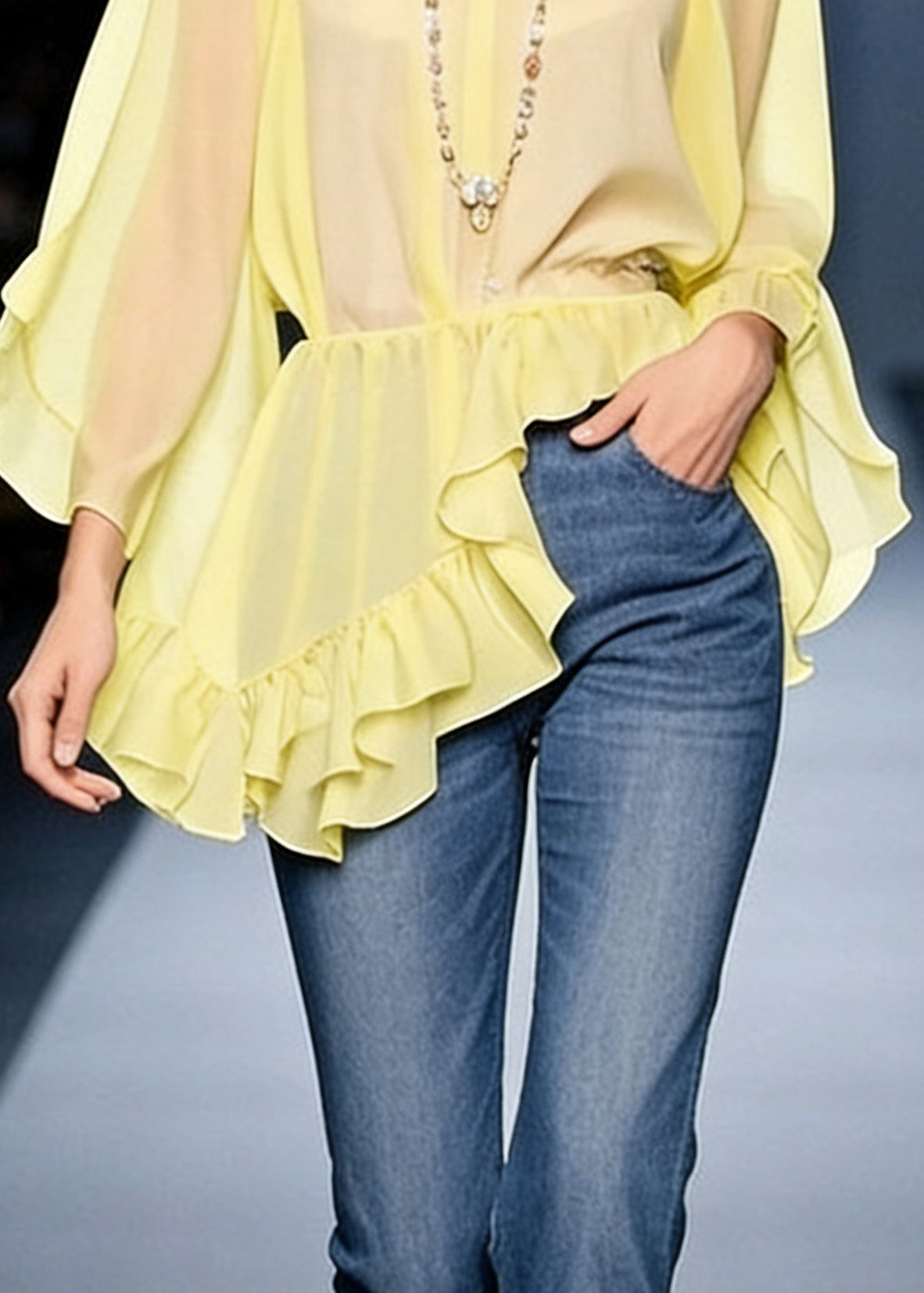 Art Yellow Asymmetrical Ruffled Solid Chiffon Blouses Spring