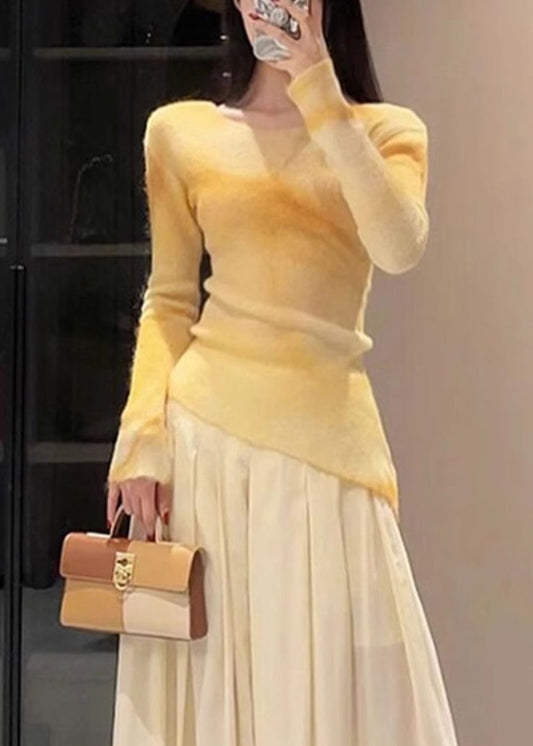 Art Yellow Asymmetrical Tie Dye Knit Sweaters Fall