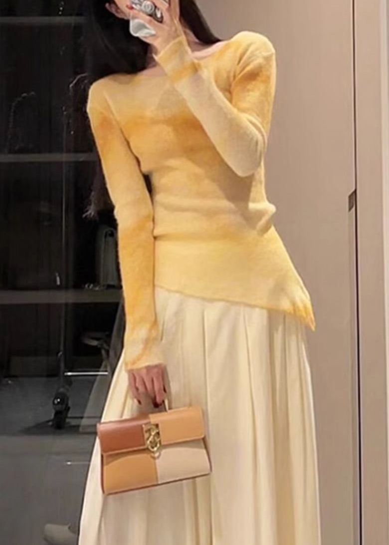 Art Yellow Asymmetrical Tie Dye Knit Sweaters Fall