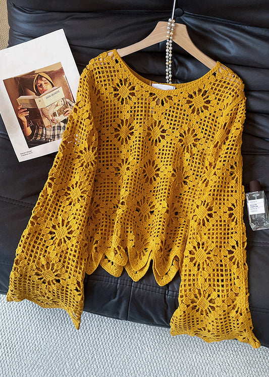 Art Yellow Hollow Out Cozy Knit Sweater Flare Sleeve