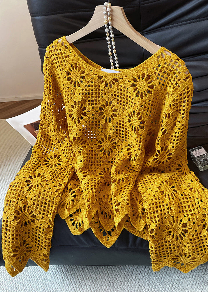 Art Yellow Hollow Out Cozy Knit Sweater Flare Sleeve