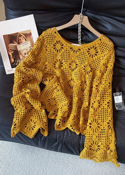 Art Yellow Hollow Out Cozy Knit Sweater Flare Sleeve