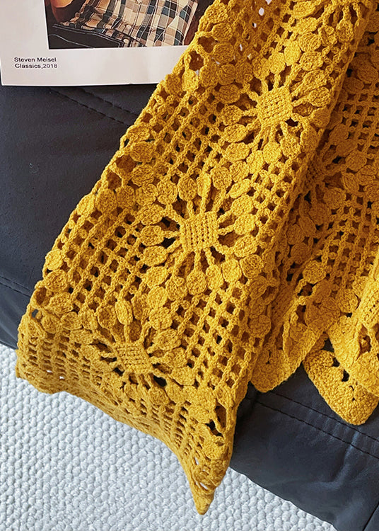 Art Yellow Hollow Out Cozy Knit Sweater Flare Sleeve